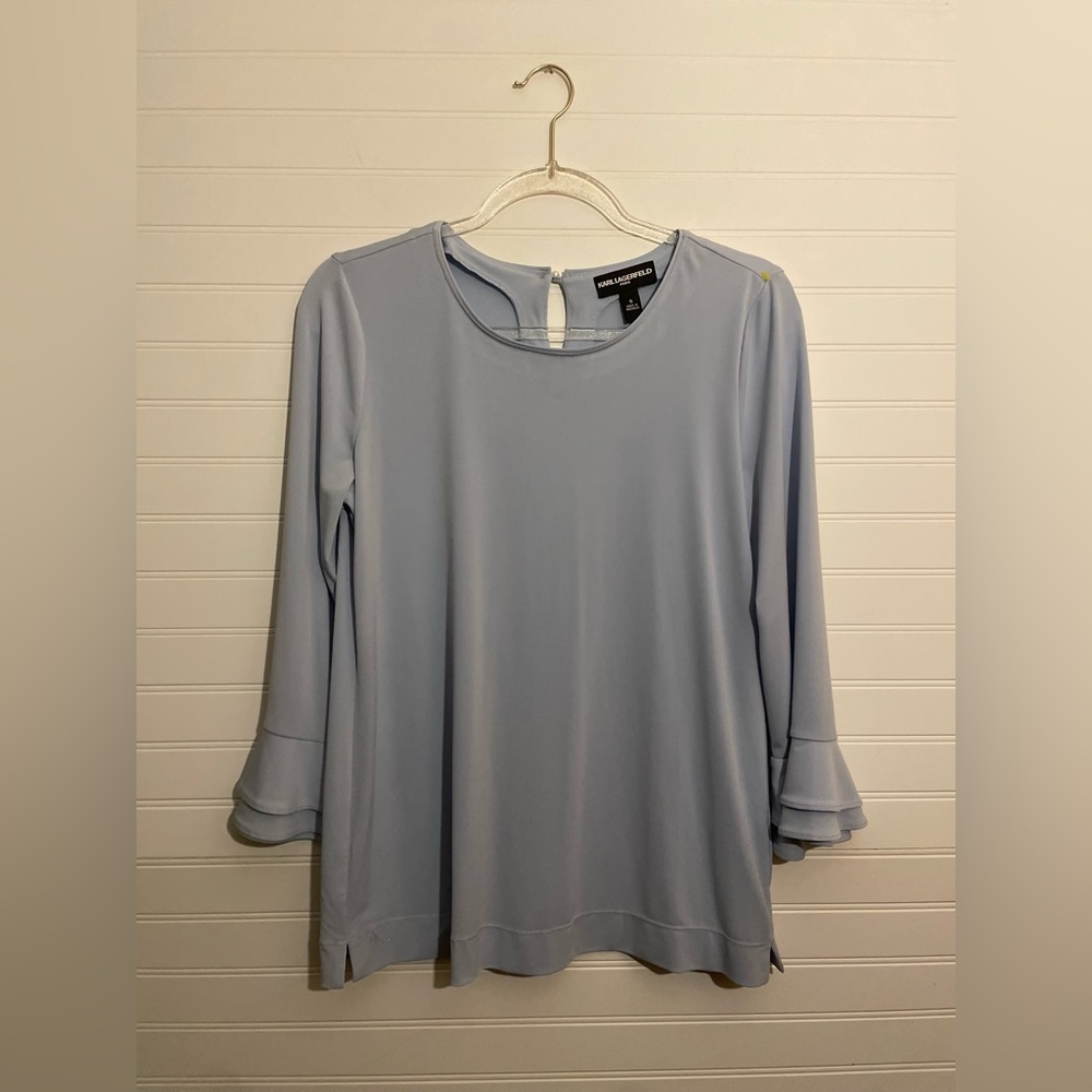 Karl Lagerfeld Blue 3/4 Sleeve Blouse with Mandarin Collar